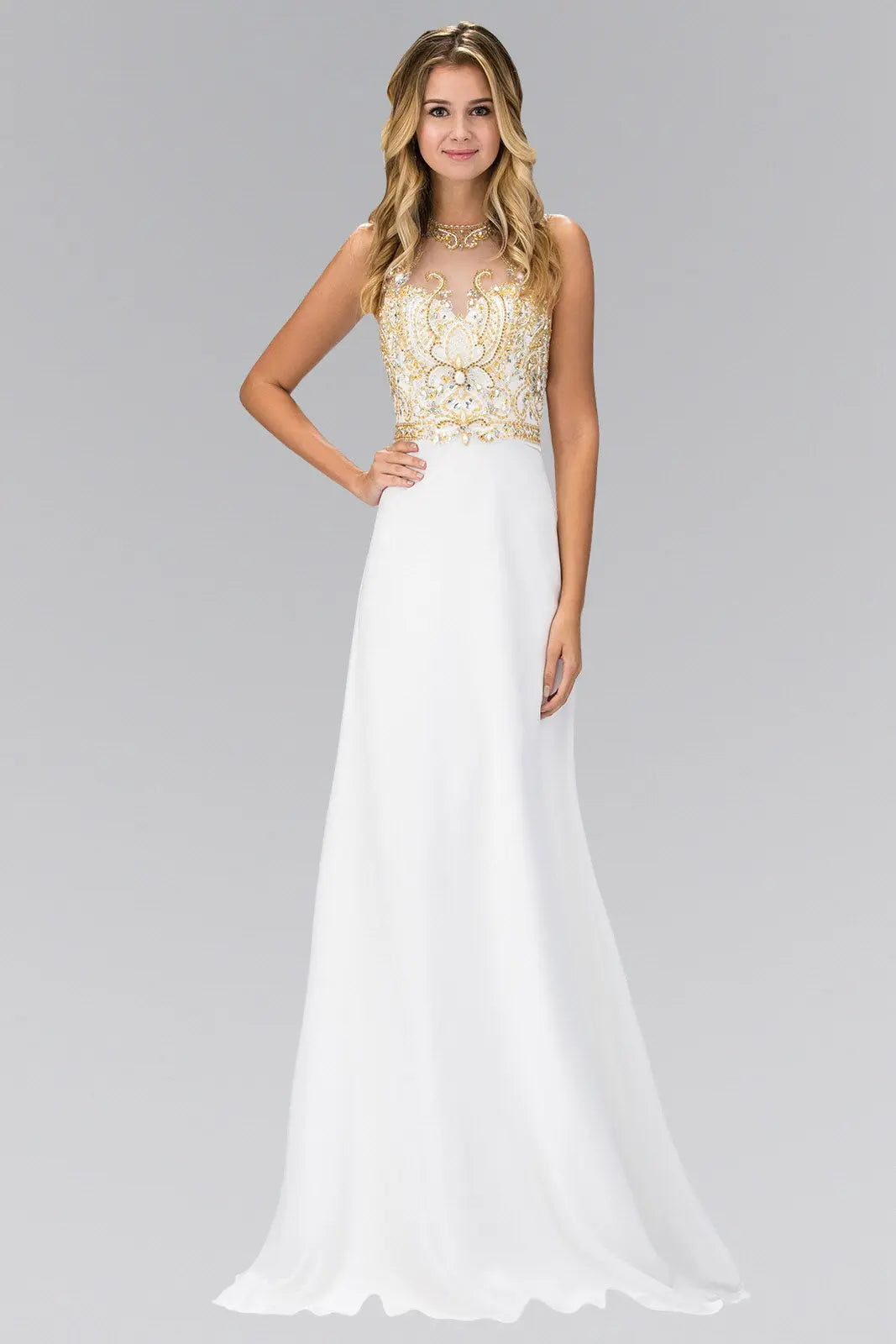 Jewel and Bead Embellished Long Dress with Back Cut Out Tux-USA