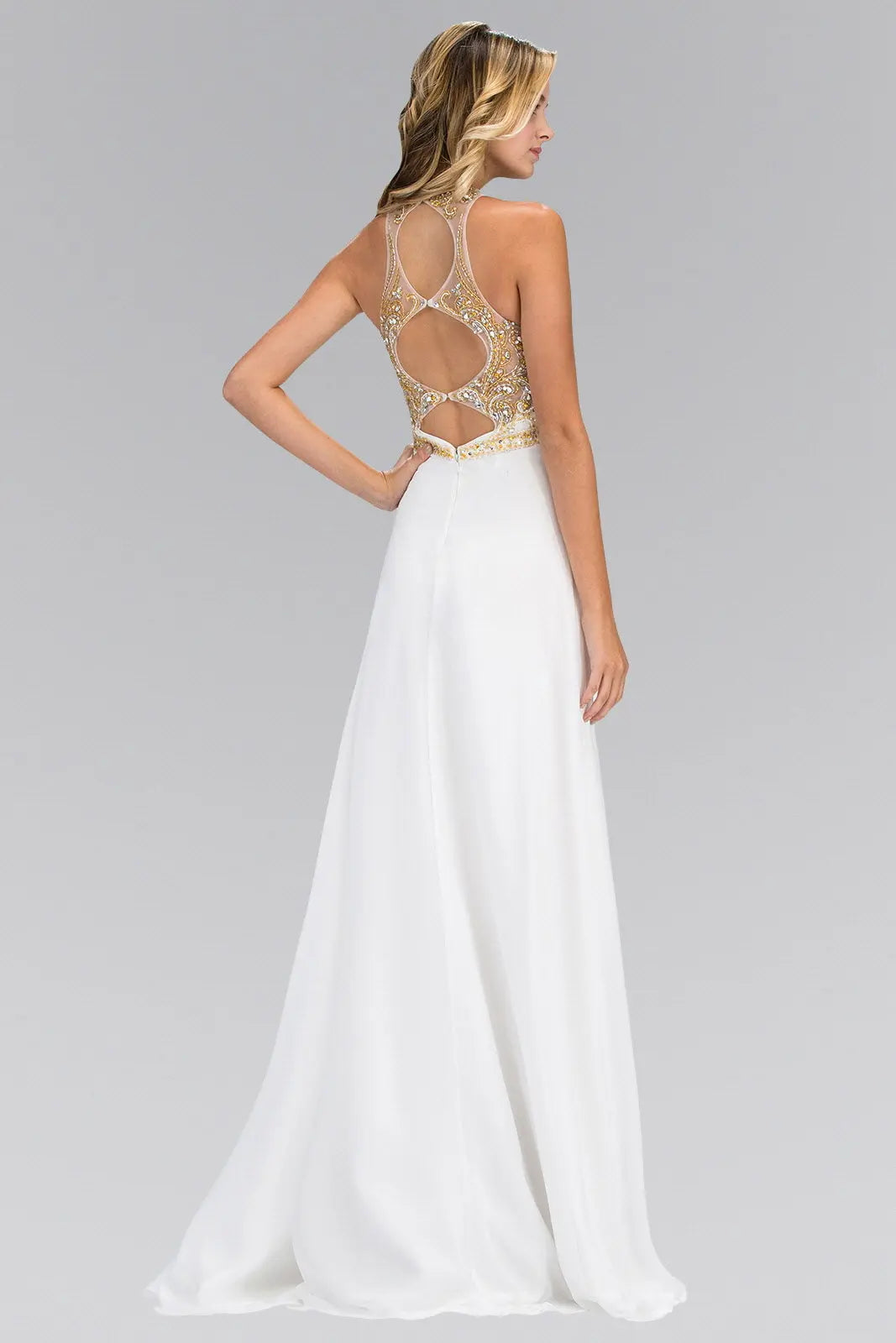 Jewel and Bead Embellished Long Dress with Back Cut Out Tux-USA