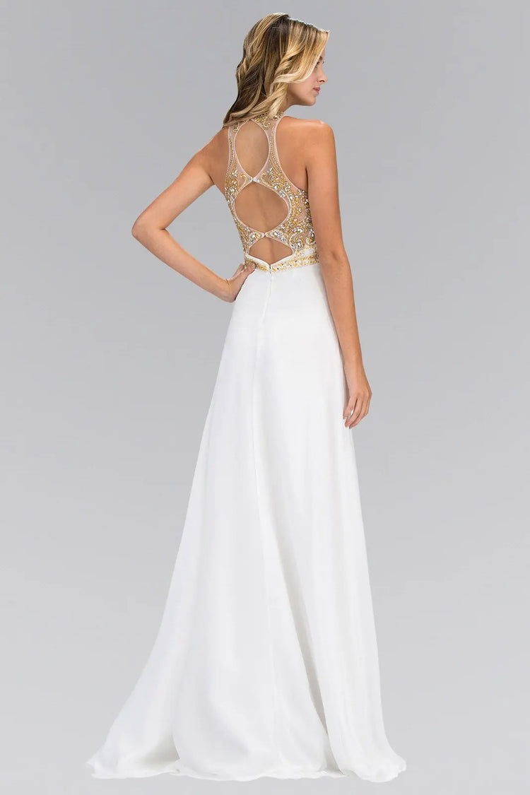 Jewel and Bead Embellished Long Dress with Back Cut Out Tux-USA