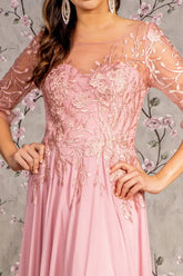 Bead Embroidery Sheer Neckline V-back Chiffon A-line Long Dress Tux-USA