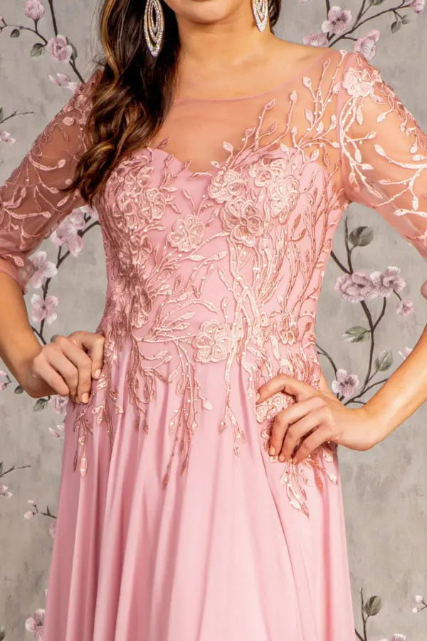 Bead Embroidery Sheer Neckline V-back Chiffon A-line Long Dress Tux-USA