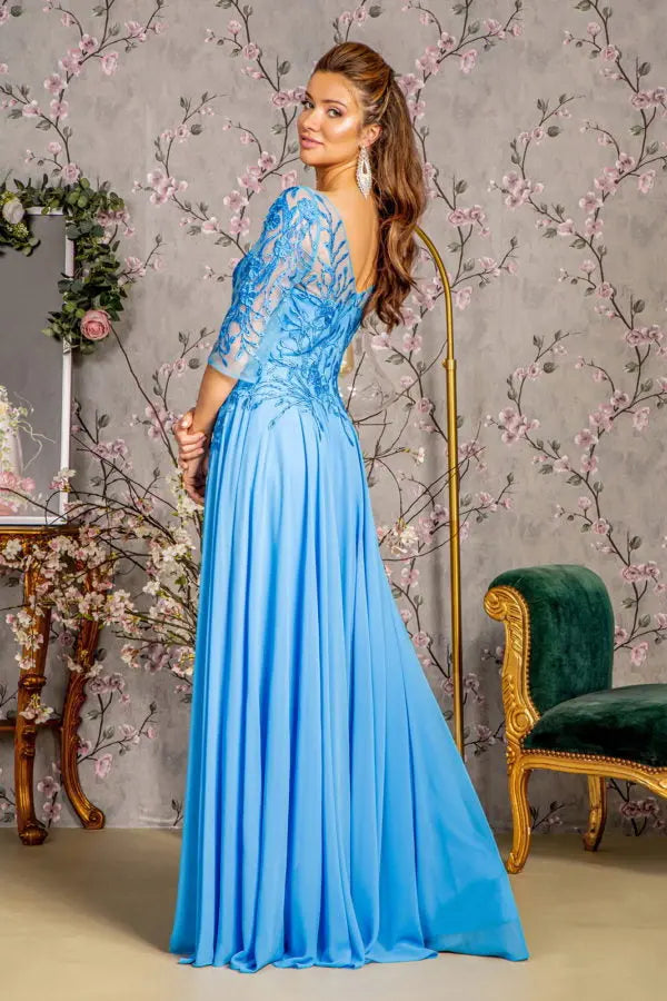 Bead Embroidery Sheer Neckline V-back Chiffon A-line Long Dress Tux-USA